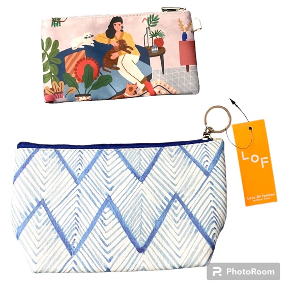Cosmetic Makeup Pouch Clutch Bag Set - Blue White Chevron & Lady With Cat - Picture 1 of 11